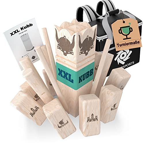 Kubb XXL [Premium] Holz Wikinger Spiel aus Gummibaum Holz – Kubb Hartholz für Erwachsene - mit praktischer Tragetasche