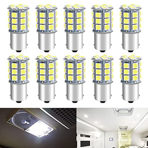 DEFVNSY 1156 LED RV glödlampa, 6000K vit 1003 BA15S 1141 7506 5050 27-SMD LED ersättningslampor för 12 V husbil, husvagn, interiörlampor, backup-lampa (10 st) | 6000 K vit, enkel kontakt bajonett, 27-SMD 5050 för 1003 1141 7506, husbil, släpvagn, båtlampor, backljus