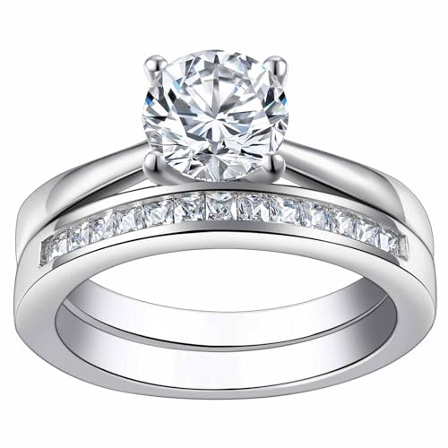 SHELOVES Solitaire Bridal Ring Sets Wedding Ring Set for Women Her AAAAA Round CZ Promise Rings White Gold Plated Silver Sz N