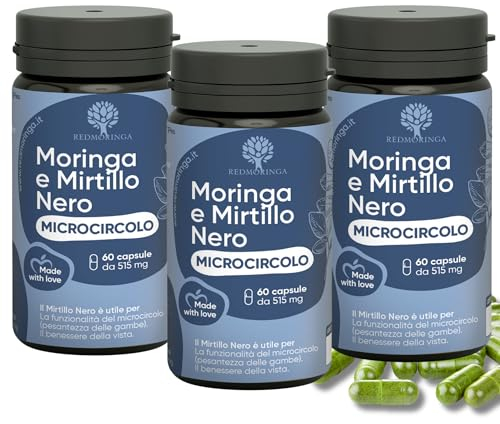 Integratore Microcircolo Gambe Mirtillo Nero e Vite Rossa con Moringa BIO - NUOVA FORMULA - Vite rossa Integratore Riduce Pesantezza e stimola Circolazione Gambe | 180 Capsule 100% Naturali RedMoringa