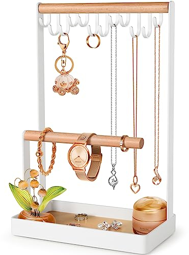 PAMANO Jewelry Organizer Necklace Stand, 3-Tier Jewelry Stand Wooden Ring Earring Tray, 12 Hooks Bracelet Hanging Display Rack for Earrings Rings Watches Storage