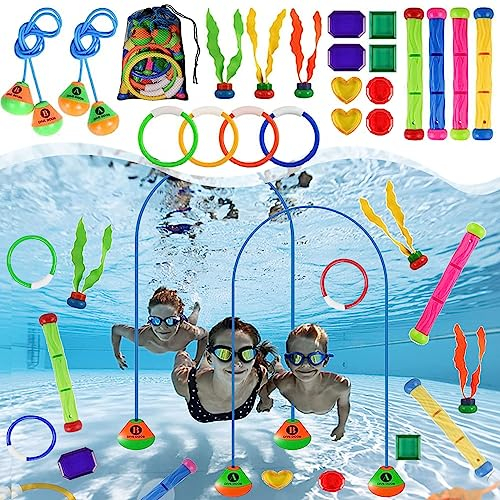 LOEPENLE Tauchen Spielzeug Set, Tauchspielzeug für Kinder, Pool, Schwimmbad, 3-10 Jahre, 22 Stück, 2 Tauchbögen, 4 Tauchringe, 3 Algen, 4 Stöcke, 8 Edelsteine, Aufbewahrungsbeutel