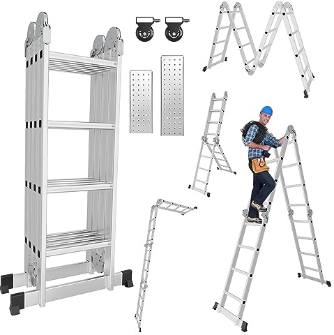 Joparri Scala multiuso, 4 x 4 gradini, 4,7 m, in alluminio, con 2 piastre di ponteggio e 2 ruote, scala da lavoro, 16 gradini, carico massimo 150 kg