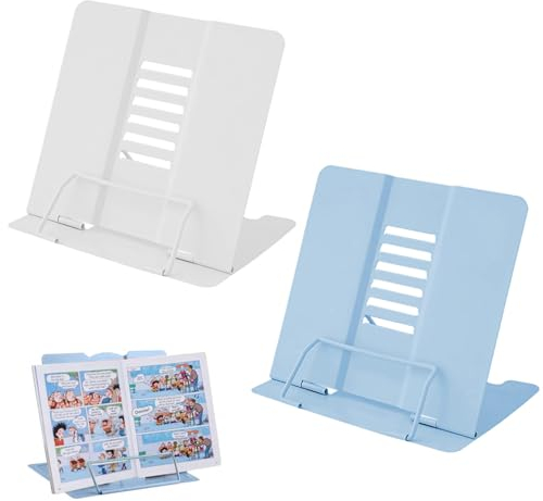 PNOOFR 2 Stück Leseständer Metall, Kochbuchhalter, Buchhalter Verstellbarer, Kochbuch-Dokumentenhalter, Schreibtisch-Buchständer, für Rezept, Lehrbuch, Dokument, Musikbuch (Weiß+Blau)