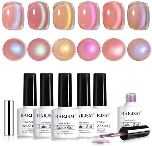 RARJSM Aurora Cat Eye Gel Nail Polish Set 6 Pcs Nude Pink Light Purple Gold Brown Green Blue Smoothie Galaxy Glitter Velvet Ice Jelly Gel Polish with Magnetic Stick UV LED Curing Requires Soak Off