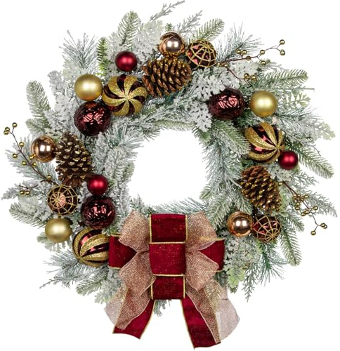 Corona natalizia per porta per Natale - Corona dell'Avvento rosso-bianca con palline di Natale, bacche, pigne e fiocco, corona decorativa decorazione natalizia corona da tavolo, Ø 60 cm