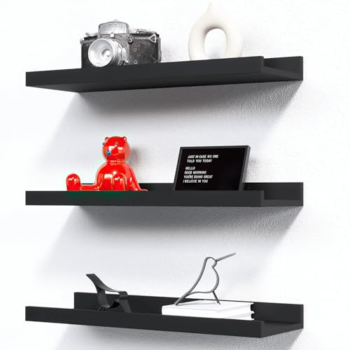RICHER HOUSE Wandregal Schwarz, 40x13 cm, Schweberegal aus MDF Holz,3er Set | Bilderleiste, Wandboard, Regal Wand für Fotorahmen und Dekos, Wohnzimmer, Kinderzimmer, Schlafzimmer, Küche, Badezimmerwand