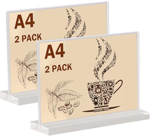 2 Stück Tischaufsteller A4, Preisschilder Aufsteller A4, Tischständer Acryl T-Ständer für Prospekte Menükarte Werbung Fotorahmen, Menükartenhalter für Restaurant, Café, Büro, Fotos, Geschäfte, Shop