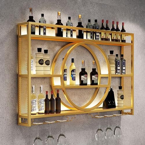 Modernes Weinregal Wand aus Metall, Bar Regal mit Glasregal, Wandmontage Wine Display-Ständer, Wand Flaschenregal für Bar-Einheiten, Restaurants und Zuhause (Gold,140x15x80cm/55x6x31in)