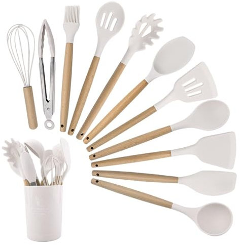 Strehknewen Set di utensili da cucina in silicone antiaderenti, resistenti al calore e lavabili in lavastoviglie, ergonomici e sicuri per alimenti, con pratico porta utensili.
