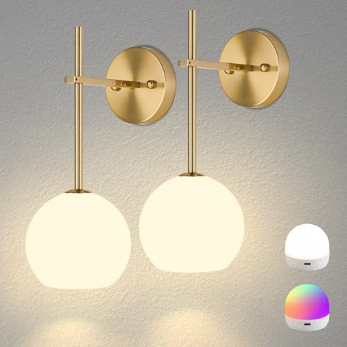 Gold Battery Operated Wall Sconces Set of 2, Rechargeable Wireless Wall Lights with Milky White Frosted Glass Shade, 12 RGB and 3CCT Dimmable, Wall Lamps with Remote for Bedroom Living Room Hallway