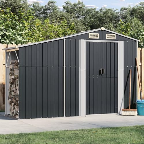Gecheer Capanno da Giardino, Multifunzionale con Porta-Legna Integrato 277x93x179 cm in Acciaio zincato e Polipropilene, ventilato con Prese d'Aria e Tetto spiovente for Uso Esterno