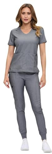 M&M SCRUBS Women’s Jogger Scrub Set - Soft Stretch V-Neck Top & Cargo Pants Medical Nursing Uniforms Regular/Petite (Heather Grey, Large)