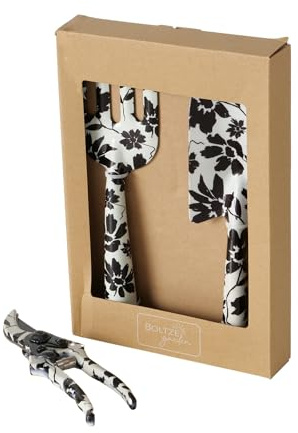 BOLTZE Esra 2055386 Lot de 3 Outils de Jardin en métal Beige/Noir 28 x 8 x 3 cm Design Floral Pelle, Fourchette à Fleurs, sécateur, Aide de Jardinage, Accessoire de Jardin