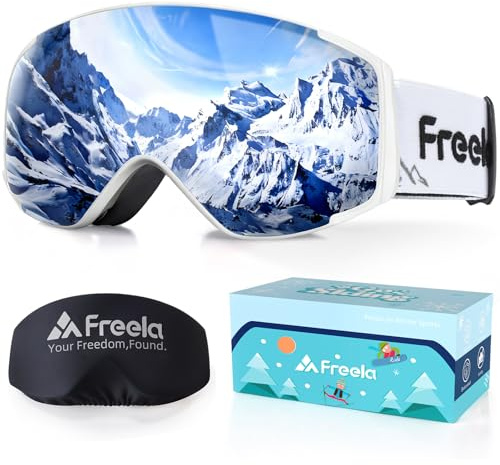 Freela Skidglasögon, vita snowboardglasögon skidåkning snö vintersportglasögon för 4–6 10–12 8–12 6–14 barn, anti-dimma UV-skydd snowboardglasögon för pojkar flickor småbarn ungdom med skidhjälm