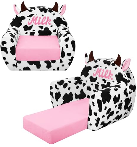 alldomess Kids Sofa Bed,Cow Toddler Chair 2-in-1,Foldable Toddler Couch Comfy for Girls Boys,Convertible Sofa To Lounger Single Children Couch Steady for Bedroom Playroom Nursery,Black White