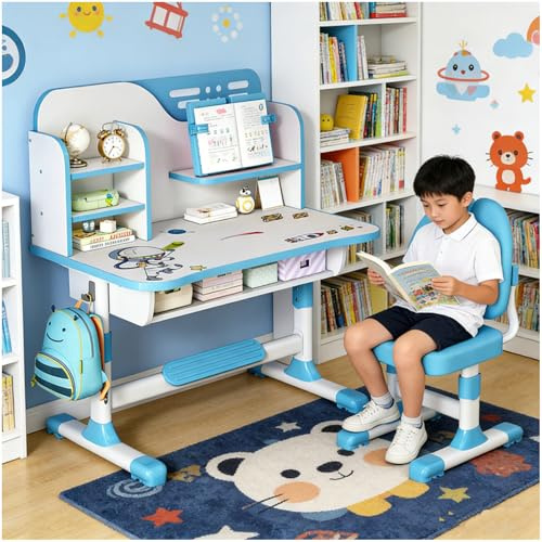toilmua Ergonomic Desk and Chair Set for Children Aged 3 to 12, Height Adjustable Study Table with Storage Drawers, Book Support, Expanded Desk, Ergonomic Desk Chairs