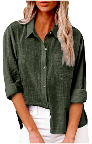 Chemise Lin Femme Été Femme Chemisier Coton Lin Boutonné Décontracté Hauts à Revers Blouse Grande Taille Respirant Chemisiers et Blouses Femmes Chic et Elégant D'été Mode Tunique Tee Shirt