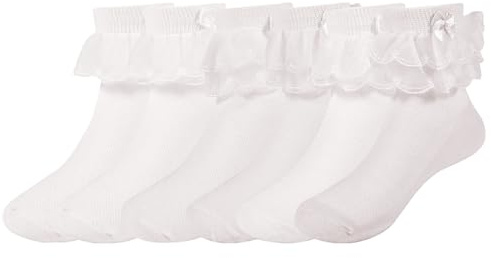 QKURT 6 pares de calcetines con volantes para niñas, Elegantes calcetines de ballet blancos hasta el tobillo con volantes y ribete de encaje de algodón de doble capa para niñas de 1 a 9 años.