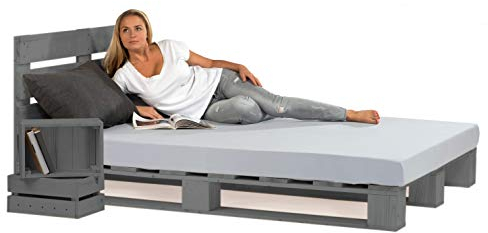 sunnypillow 140x200 cm Palettenbett mit Kopfteil Grau Massivholzbett Bett aus Paletten Palettenmöbel Fichte europalette Anthrazit Grau 80 90 100 120 140 160 180 200 220 240 x 200cm