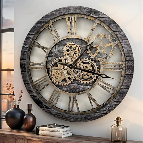 ImprovingLife The Original Real Moving Gear Wall Clock Vintage Industrial Oversized Rustic Farmhouse (24 inch (60cm), Vintage Carbon Grey and Bronze)
