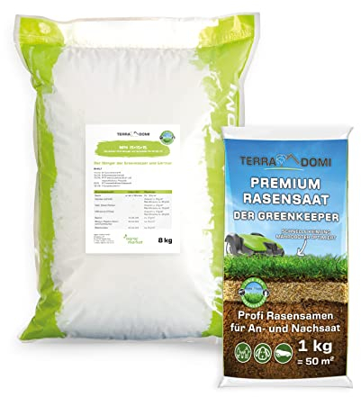 TerraDomi 8kg Rasendünger NPK 15-15-15+11 + 1kg Premium Rasensamen |Volldünger, leistungsstarker Universaldünger für Frühjahr & Herbst | Langzeitwirkung | Rasensaat zur An-& Nachsaat