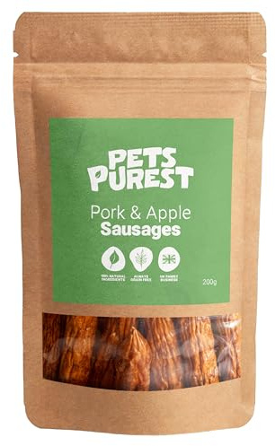 Pets Purest Natural Dog Treat Chews - 100% Healthy Air-Dried Pork & Apple Sausage Meat Treats for Dogs, Puppy & Senior. Grain & Gluten Free Low Fat Raw Protein Dog Food Snack (200g)