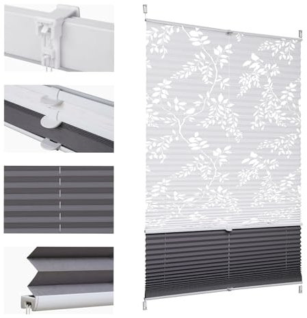 Sekey Plissee Doppelplissee Day+Night Verdunkelung ohne Bohren verspannt Lichtschutz Klemmfix Lichtdurchlässig Ausbrenner-Muster 50x100cm Druck & Grau