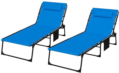 Outsunny 2 Piece Foldable Sun Lounger Set with 5-level Reclining Back, Outdoor Tanning Chairs Sun Loungers with Build-in Padded Seat, Side Pocket, Headrest for Beach, Patio, Blue