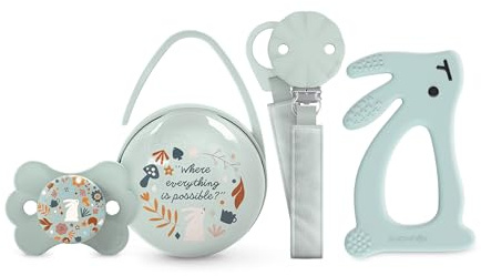 Suavinex, Regalo Recién Nacido. Set Regalo Bebé con: Chupete con Tetina Fisiológica SX Pro para Bebés 0/6 Meses + Chupetero + Portachupetes Duo + Mordedor de Silicona. (4 Pcs). Wonderland, Verde