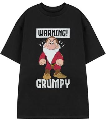 Disney Snow White Men's Black Short Sleeved T-Shirt | Grumpy Warning Graphic Tee | Classic Fairytale Character Design | Novelty Top Fans Merchandise for Men