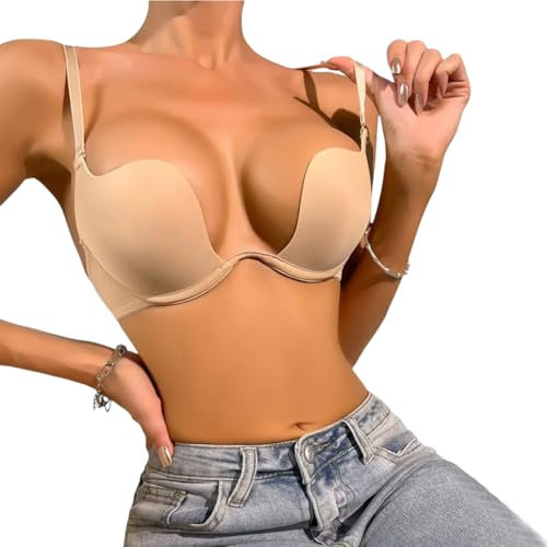 varsmiss Womens Low Plunge Push Up Bra Low Cut Convertible Underwire Padded Cleavage Bra(D013-new,Beige,M)