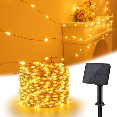 Isisyu Solar Lichterkette Aussen, 12M 120 LED Solarlichterkette Außen Wetterfest 8 Modi Kupferdraht Warmweiß Lichterkette Außen Solar Outdoor für Garten, Bäume, Terrasse, Balkon, Hochzeit, Partys