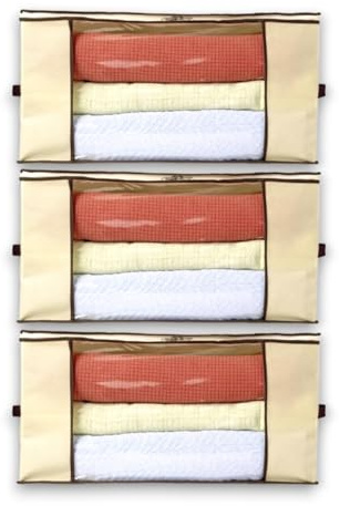 Super Mundo - 3 Cajas almacenaje ropa, 41L, Cajas Almacenaje, 45x45x20 cm, Bolsas para Guardar Ropa, Cajas Organizadoras, Traspirable para Ropa, Edredones, Mantas(45x45x20cm,Beige)
