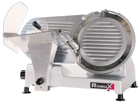 Romux® Cortadora de Fiambre Profesional Eléctrica 220V Sobremesa Cuchilla de 250 mm de Diámetro 320W de Potencia | Cortaembutidos Regulable en Espesor 0-12 mm Ideal para Jamón y otros Embutidos
