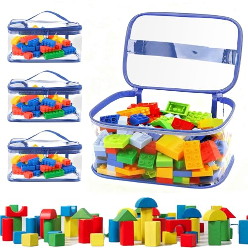 Honosen 3 Pcs Toy Storage Bags, Clear PVC Toy Organiser Bags with Handle, Reusable Waterproof Storage Bags for Building Blocks, Puzzle, Small Models, Board Games, Books, Blue