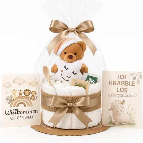Tarta de pañales para niña y niño con osito de peluche, estilo bohemio, vintage, hecho a mano, regalo de nacimiento con peluche, pañales premium, cuchara para bebé y té orgánico – Tarta de pañales