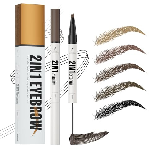 Microblading Augenbrauenstift Wasserfest, Augenbrauenfarbe mit Tint & 4 Mikrogabelspitzen, 2-in-1 Augenbrauenstift Härchenzeichnung, Eyebrow Pencil Wischfest, Langanhaltend, NatüRlicher (Dunkelbraun)