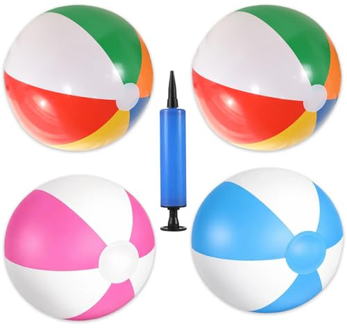 Wtoawgt 5 Pack Beach Balls, 11/20 Inflatable Ball with Air Pump, Rainbow Pink Blue Color Pool Toys, Party Favors, Beach Ball for Swimming Pool, Summer Parties and Water Games