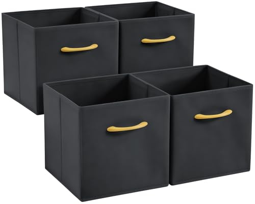 Collapsible Fabric Storage Cubes, Pack of 4 Foldable Boxes with Handles | Dark Gray 33 x 38 x 33 cm | Non-Woven Fabric | Open-Top Cube Shelf Baskets For Wardrobes, Toys, Clothes & Nursery
