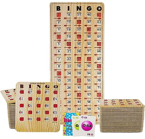MR CHIPS Jam-Proof Bingo Cards with Sliding Windows, 50 Reusable Shutter Cards, 75 Calling Cards 1 Master Board in Tan Woodgrain Style