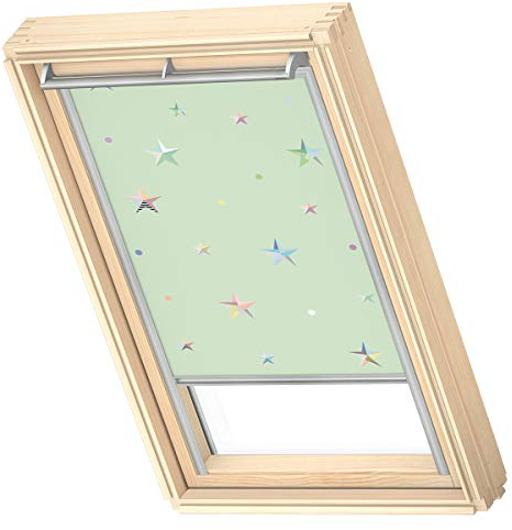 VELUX Original Dachfenster Verdunkelungsrollo für M08 / 308 / 2, Grüne Sterne, mit Grauer Führungsschiene