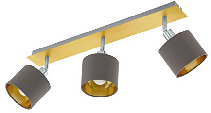 EGLO Deckenlampe Valbiano, 3 flammige Deckenleuchte, Deckenstrahler aus Metall und Textil, Flurlampe in Messing-Gebürstet, Nickel-Matt, Cappuccino, Gold, Spots E14