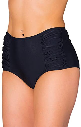 Aquarti Bikinihose Damen mit Hoher Taille und Raffung – Klassische Bikinihosen für Damen in Uni-Farben, Farbe: Schwarz, Größe: 48