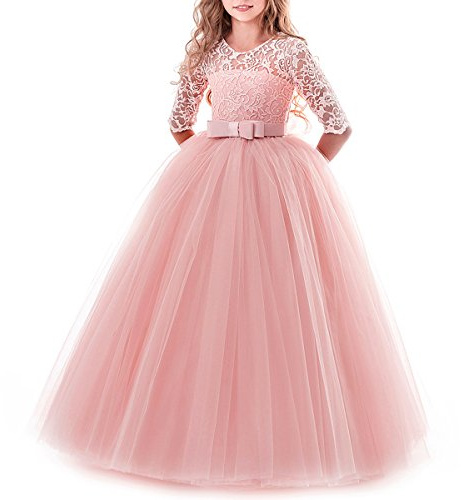 Flower Girls Lace 3/4 Sleeve Dress Wedding Bridesmaid First Communion Evening Party Floor Length Dress Kids Princess Pageant Birthday Prom Carnival Christmas Ball Gown Pink 7-8 Years