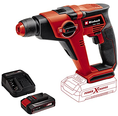 Einhell Martillo perforador con batería TE-HD 18/12 Li - Solo Power X-Change (iones de litio, 18 V, al adaptador de brocas en el envío, 1.3 Joule, SDS +,12mm en hormigón) con bateria 2.5 Ah y cargador