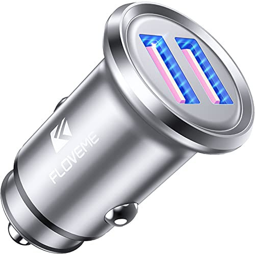 FLOVEME Car Charger Adaptor, 36W/6A QC 3.0 Dual Port USB Car Charger, All Metal Mini Flush Cigarette Lighter USB Adapter 12V in Car Phone Charging (Silver)