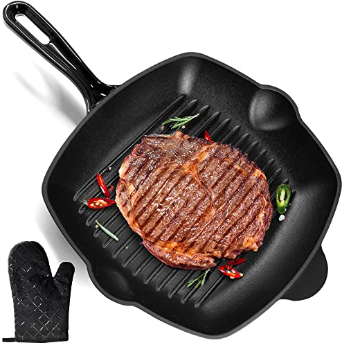Satalvo Gusseisen Grillpfanne mit Ofenhandschuh - extrem langlebig & 100% flexibel - Induktionsgeeignet - beschichtete Gusseisen Pfanne für perfekte Ergebnisse - ideal als Grill- und Steakpfanne