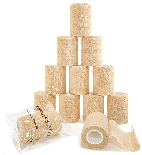 Self Adhesive Bandage Wrap(12 Pack, 3 Inch x 5 Yards), First Aid Medical Cohesive Bandage Tape, Breathable Elastic Sports Athletic Tape Wrap for Ankle, Wrist, Knee, Foot Sprains & Swelling(Tan)