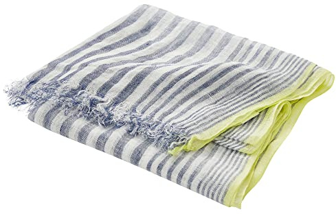 Prettystern Écharpe longue d'été en toile de lin rayée 3-colore pour homme et femme bleu blanc jaune T74